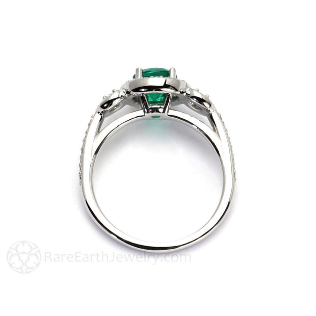 Emerald 3 Stone Engagement Ring Diamond Halo 14K White Gold - Rare Earth Jewelry