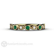 Emerald and Diamond Ring or Wedding Band May Birthstone - 14K Yellow Gold - Band - Bezel - Diamond - Rare Earth Jewelry