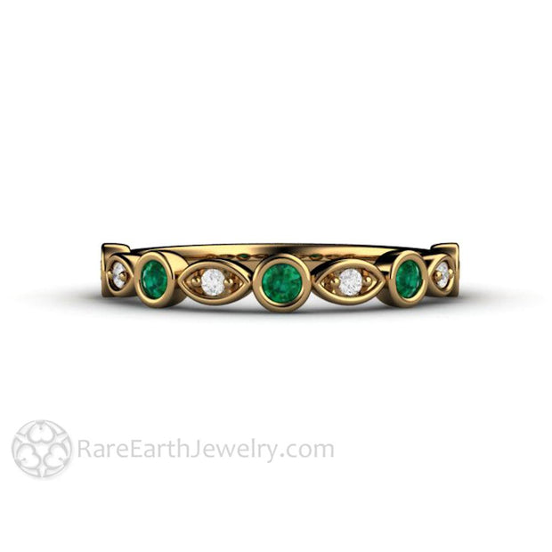 Emerald and Diamond Ring or Wedding Band May Birthstone 18K Yellow Gold - Rare Earth Jewelry