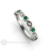 Emerald and Diamond Ring or Wedding Band May Birthstone - 18K White Gold - Band - Bezel - Diamond - Rare Earth Jewelry