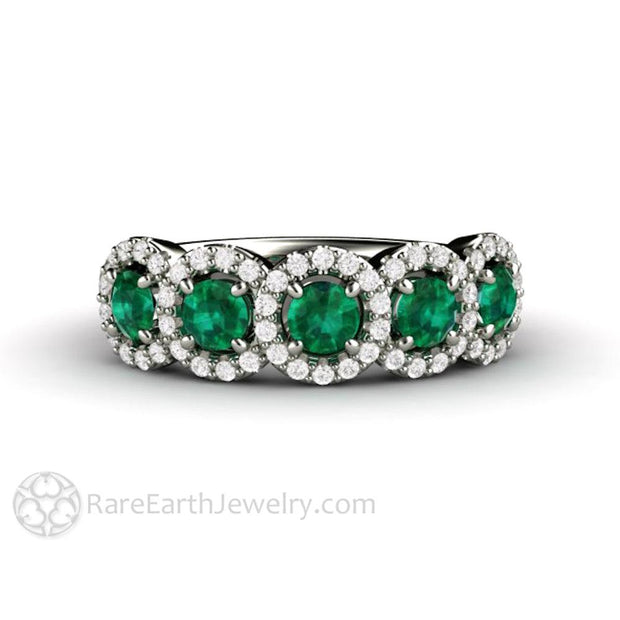 Emerald and Diamond Ring Wedding Ring or Anniversary Band 18K White Gold - Rare Earth Jewelry