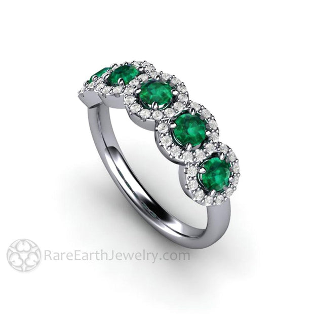 Emerald and Diamond Ring Wedding Ring or Anniversary Band 14K White Gold - Rare Earth Jewelry