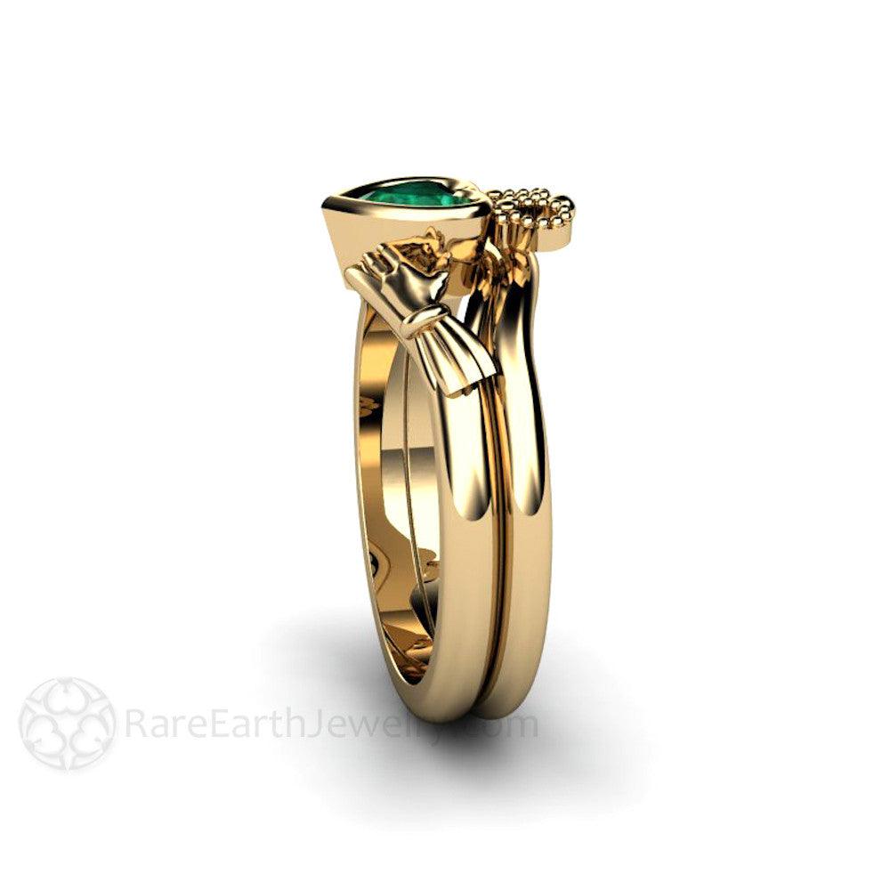 Emerald Claddagh Ring Irish Engagement Ring Celtic Jewelry - Rare Earth Jewelry