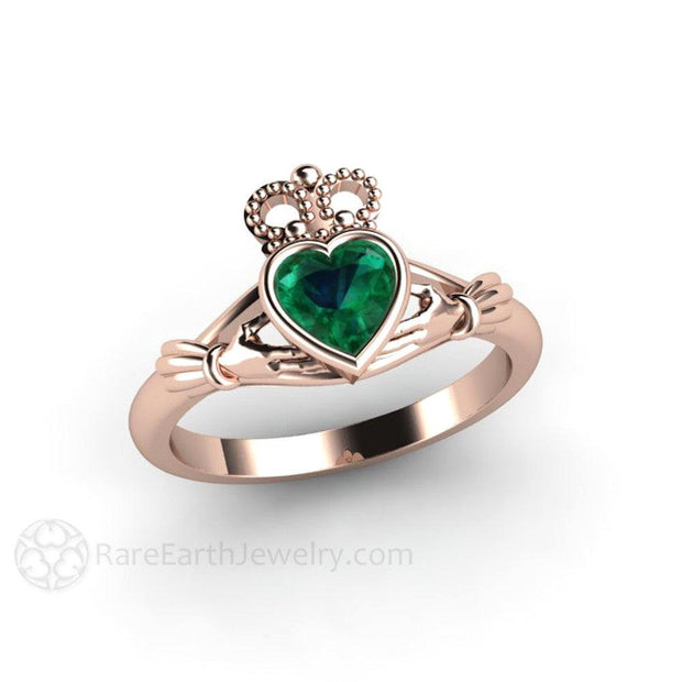Emerald Claddagh Ring Irish Engagement Ring Celtic Jewelry 18K Rose Gold - Engagement Only - Rare Earth Jewelry