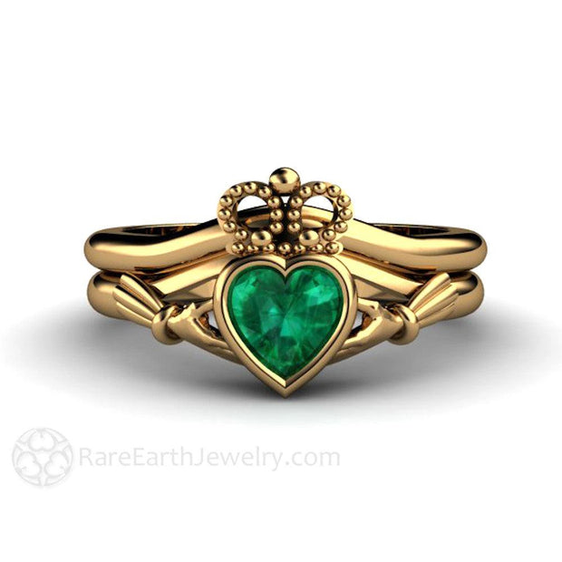 Emerald Claddagh Ring Irish Engagement Ring Celtic Jewelry 18K Yellow Gold - Wedding Set - Rare Earth Jewelry