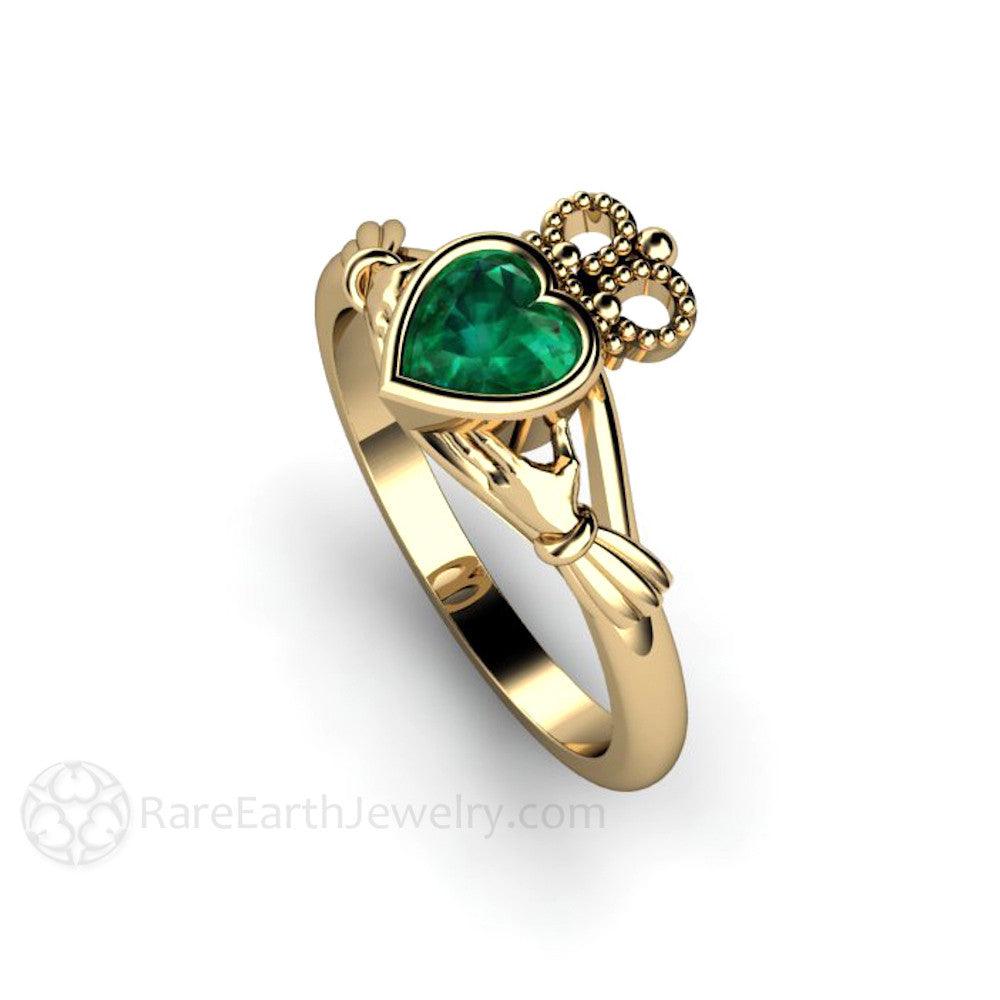 Emerald Claddagh Ring Irish Engagement Ring Celtic Jewelry - Rare Earth Jewelry