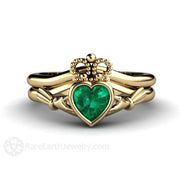 Emerald Claddagh Ring Irish Engagement Ring Celtic Jewelry 14K Yellow Gold - Wedding Set - Rare Earth Jewelry