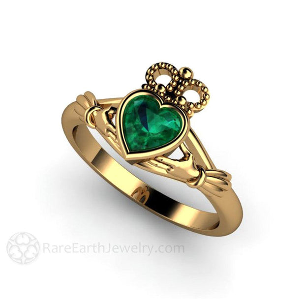 Emerald Claddagh Ring Irish Engagement Ring Celtic Jewelry 18K Yellow Gold - Engagement Only - Rare Earth Jewelry