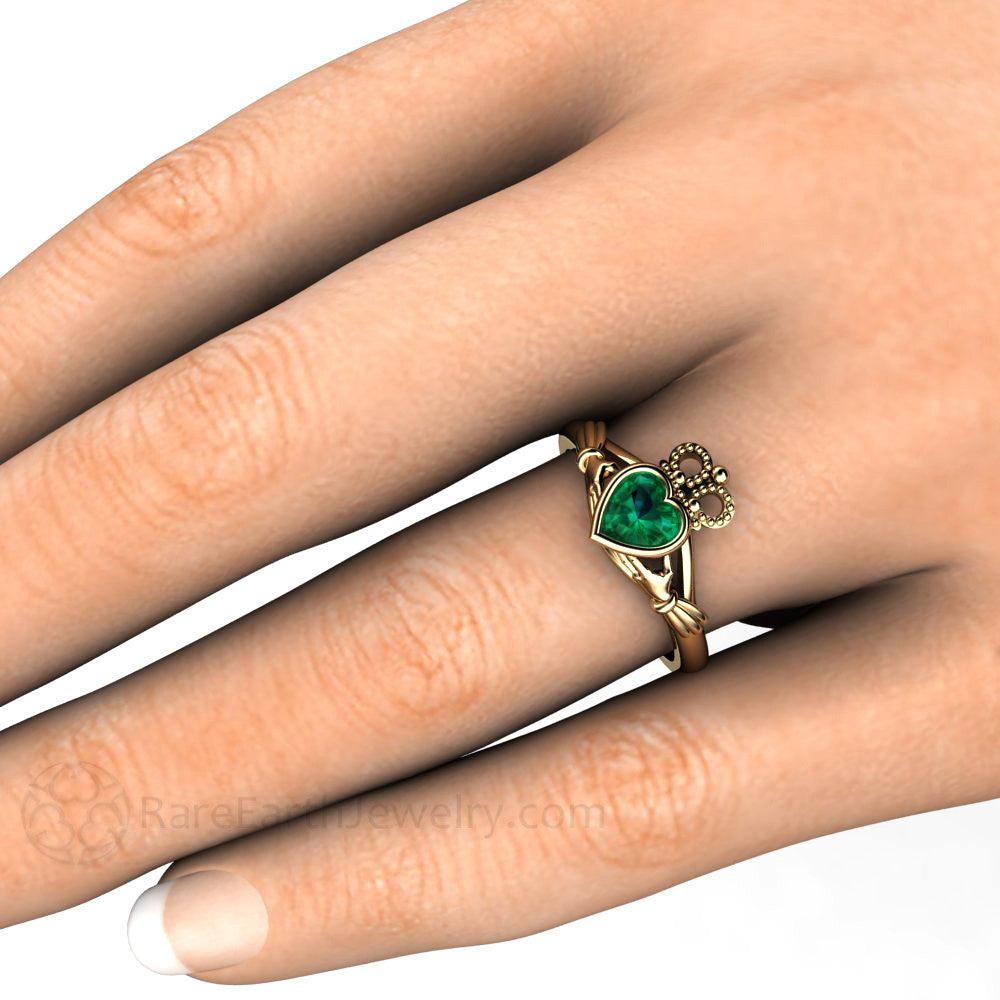 Emerald Claddagh Ring Irish Engagement Ring Celtic Jewelry - Rare Earth Jewelry