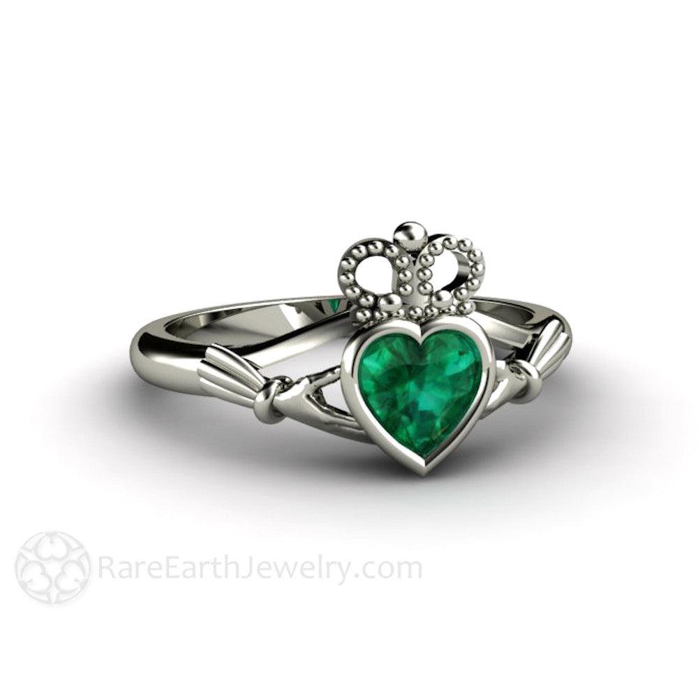 Emerald Claddagh Ring Irish Engagement Ring Celtic Jewelry - Rare Earth Jewelry