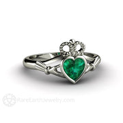 Emerald Claddagh Ring Irish Engagement Ring Celtic Jewelry 14K White Gold - Engagement Only - Rare Earth Jewelry