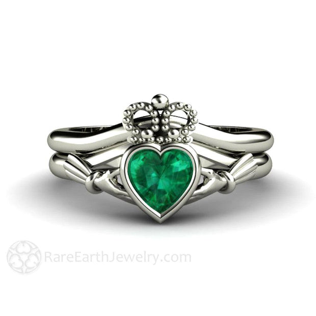 Emerald Claddagh Ring Irish Engagement Ring Celtic Jewelry 14K White Gold - Wedding Set - Rare Earth Jewelry