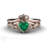 Emerald Claddagh Ring Irish Engagement Ring Celtic Jewelry 14K Rose Gold - Wedding Set - Rare Earth Jewelry