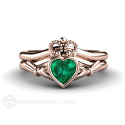 Emerald Claddagh Ring Irish Engagement Ring Celtic Jewelry 18K Rose Gold - Wedding Set - Rare Earth Jewelry