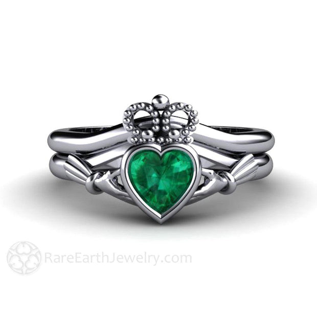Emerald Claddagh Ring Irish Engagement Ring Celtic Jewelry Platinum - Wedding Set - Rare Earth Jewelry