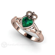 Emerald Claddagh Ring Irish Engagement Ring Celtic Jewelry 14K Rose Gold - Engagement Only - Rare Earth Jewelry