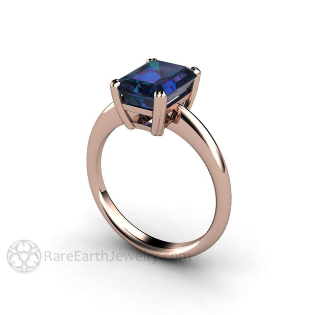 Emerald Cut Alexandrite Ring Solitaire Engagement or Right Hand Ring 14K Rose Gold - Rare Earth Jewelry