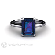 Emerald Cut Alexandrite Ring Solitaire Engagement or Right Hand Ring Platinum - Rare Earth Jewelry