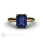 Emerald Cut Alexandrite Ring Solitaire Engagement or Right Hand Ring 18K Yellow Gold - Rare Earth Jewelry