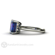 Emerald Cut Alexandrite Ring Solitaire Engagement or Right Hand Ring 14K White Gold - Rare Earth Jewelry
