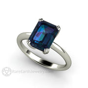 Emerald Cut Alexandrite Ring Solitaire Engagement or Right Hand Ring 18K White Gold - Rare Earth Jewelry