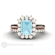 Emerald Cut Aquamarine Engagement Ring Vintage Cluster with Diamond Halo 14K Rose Gold - Wedding Set - Rare Earth Jewelry