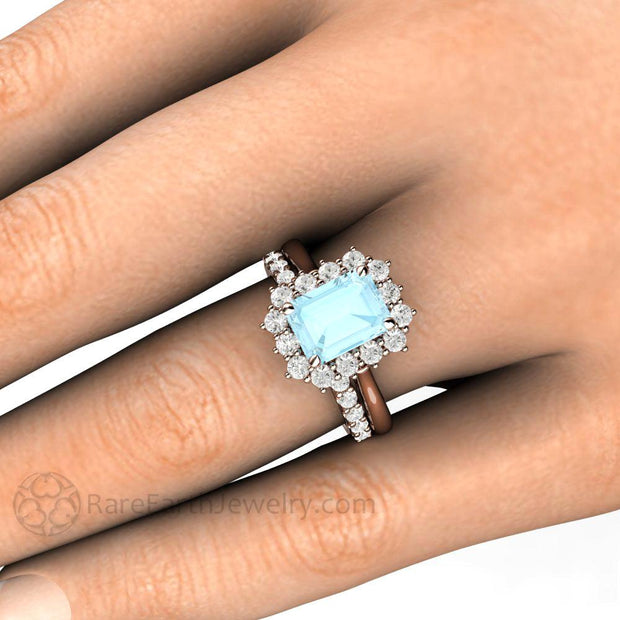 Emerald Cut Aquamarine Engagement Ring Vintage Cluster with Diamond Halo 14K Rose Gold - Wedding Set - Rare Earth Jewelry