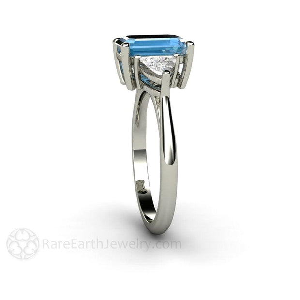 Emerald Cut Aquamarine Ring 3 Stone Engagement with Trillions Platinum - Rare Earth Jewelry