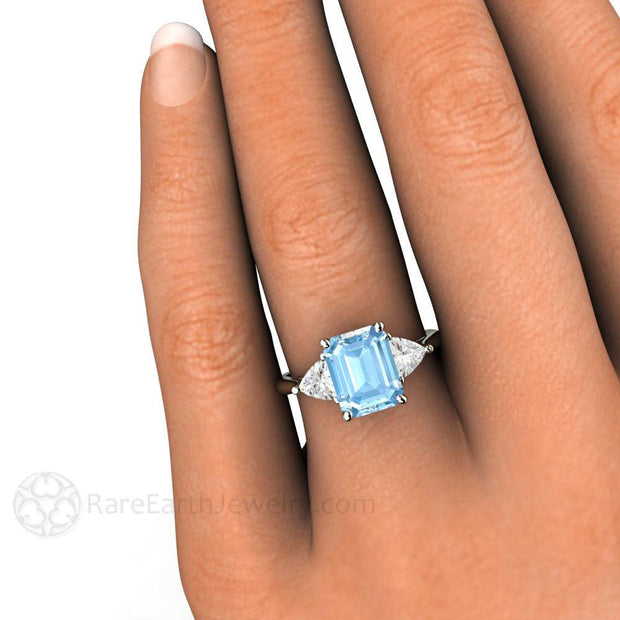 Emerald Cut Aquamarine Ring 3 Stone Engagement with Trillions 18K White Gold - Rare Earth Jewelry