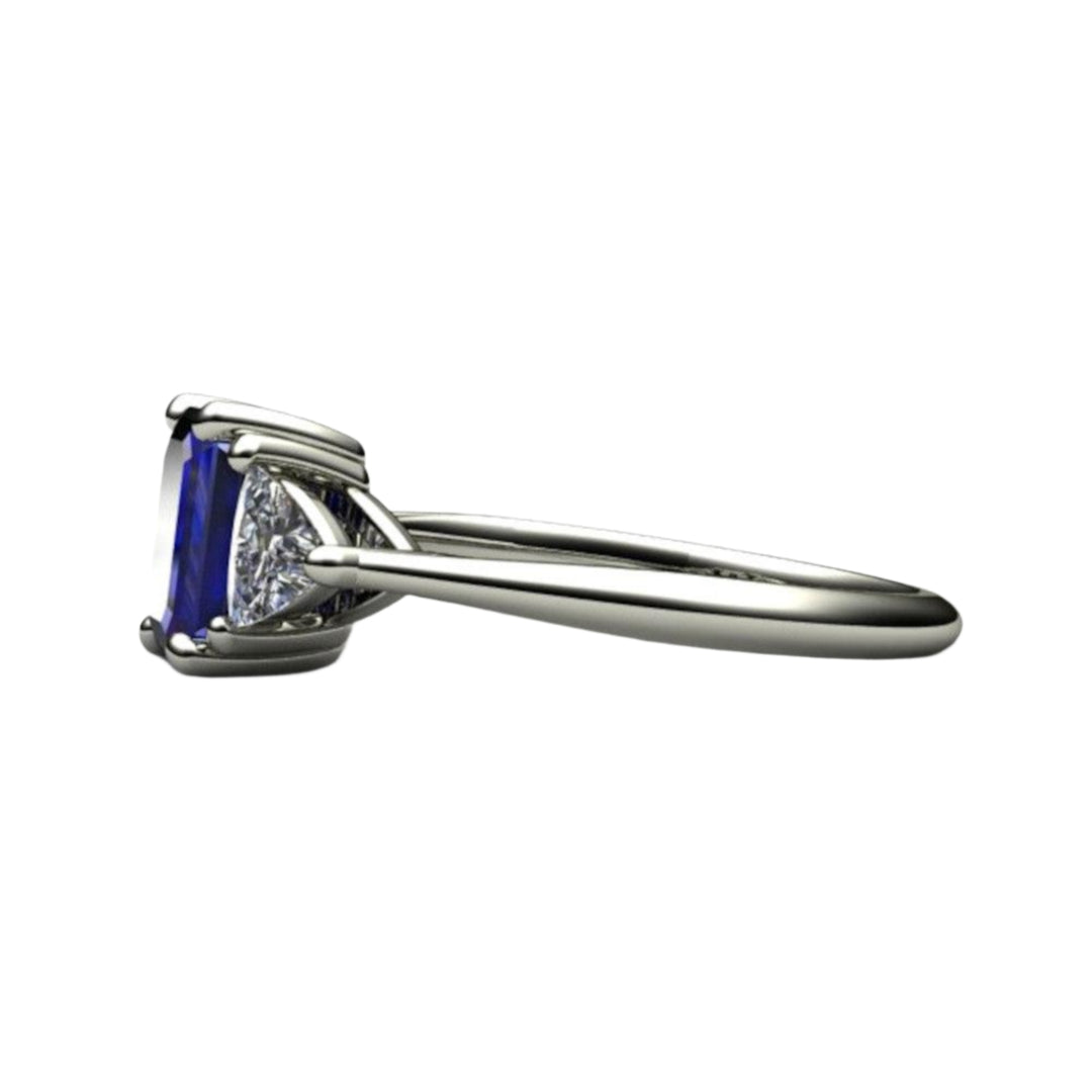 Emerald Cut Blue Sapphire Engagement Ring | 3 Stone Ring with White Sapphire Trillions, Rare Earth Jewelry