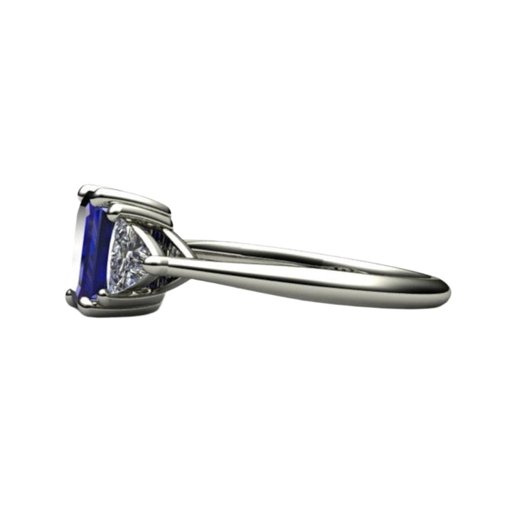 Emerald Cut Blue Sapphire Engagement Ring | 3 Stone Ring with White Sapphire Trillions, Rare Earth Jewelry