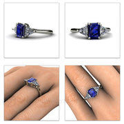 Emerald Cut Blue Sapphire Engagement Ring 3 Stone with White Sapphire Trillions 18K White Gold - Rare Earth Jewelry
