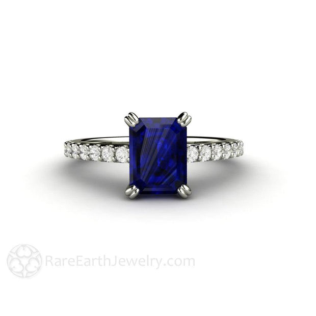 Emerald Cut Blue Sapphire Engagement Ring Solitaire with Diamonds 14K White Gold - Engagement Only - Rare Earth Jewelry