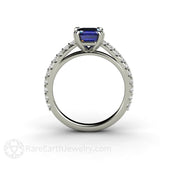 Emerald Cut Blue Sapphire Engagement Ring Solitaire with Diamonds 14K White Gold - Engagement Only - Rare Earth Jewelry