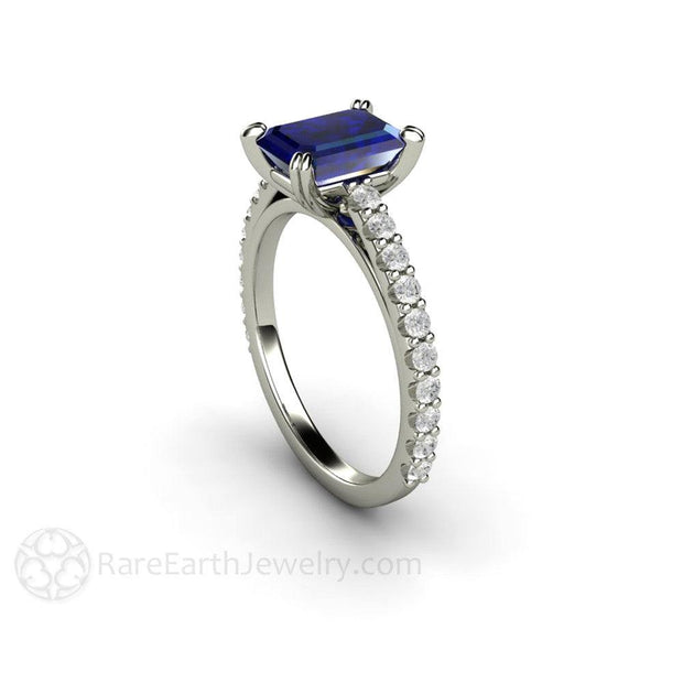 Emerald Cut Blue Sapphire Engagement Ring Solitaire with Diamonds 18K White Gold - Engagement Only - Rare Earth Jewelry