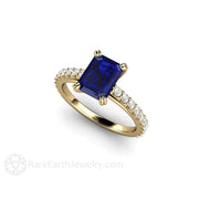 Emerald Cut Blue Sapphire Engagement Ring Solitaire with Diamonds 14K Yellow Gold - Engagement Only - Rare Earth Jewelry