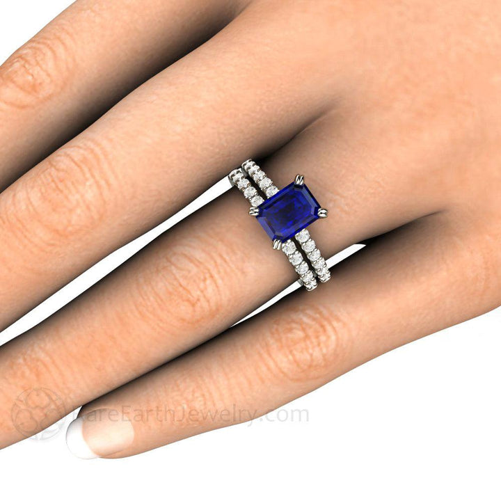 Blue Sapphire Engagement Ring Emerald Cut Solitaire Diamond Accented - Rare Earth Jewelry