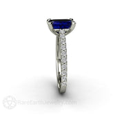 Emerald Cut Blue Sapphire Engagement Ring Solitaire with Diamonds 18K White Gold - Engagement Only - Rare Earth Jewelry