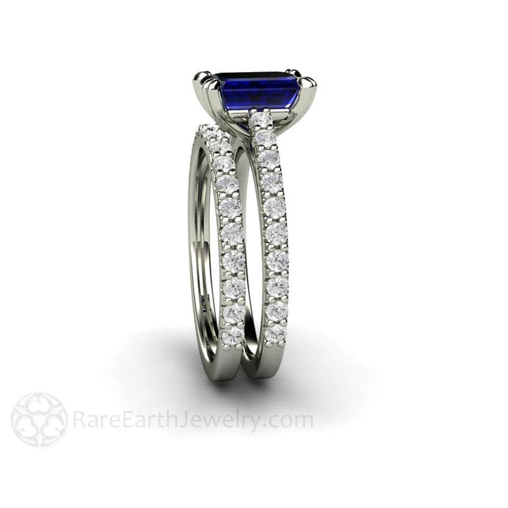 Blue Sapphire Engagement Ring Emerald Cut Solitaire Diamond Accented - Rare Earth Jewelry