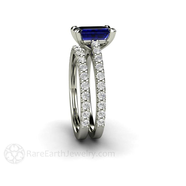 Emerald Cut Blue Sapphire Engagement Ring Solitaire with Diamonds Platinum - Engagement Only - Rare Earth Jewelry