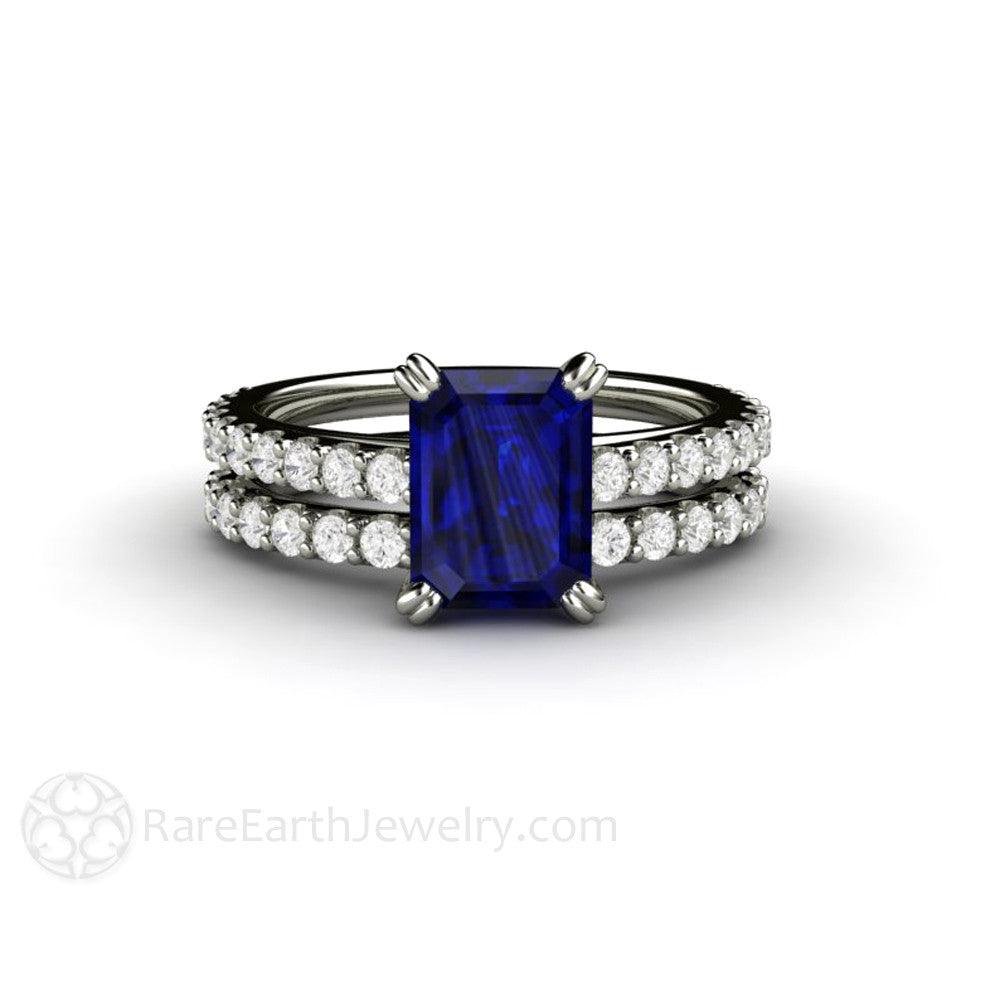 Blue Sapphire Engagement Ring Emerald Cut Solitaire Diamond Accented - Rare Earth Jewelry