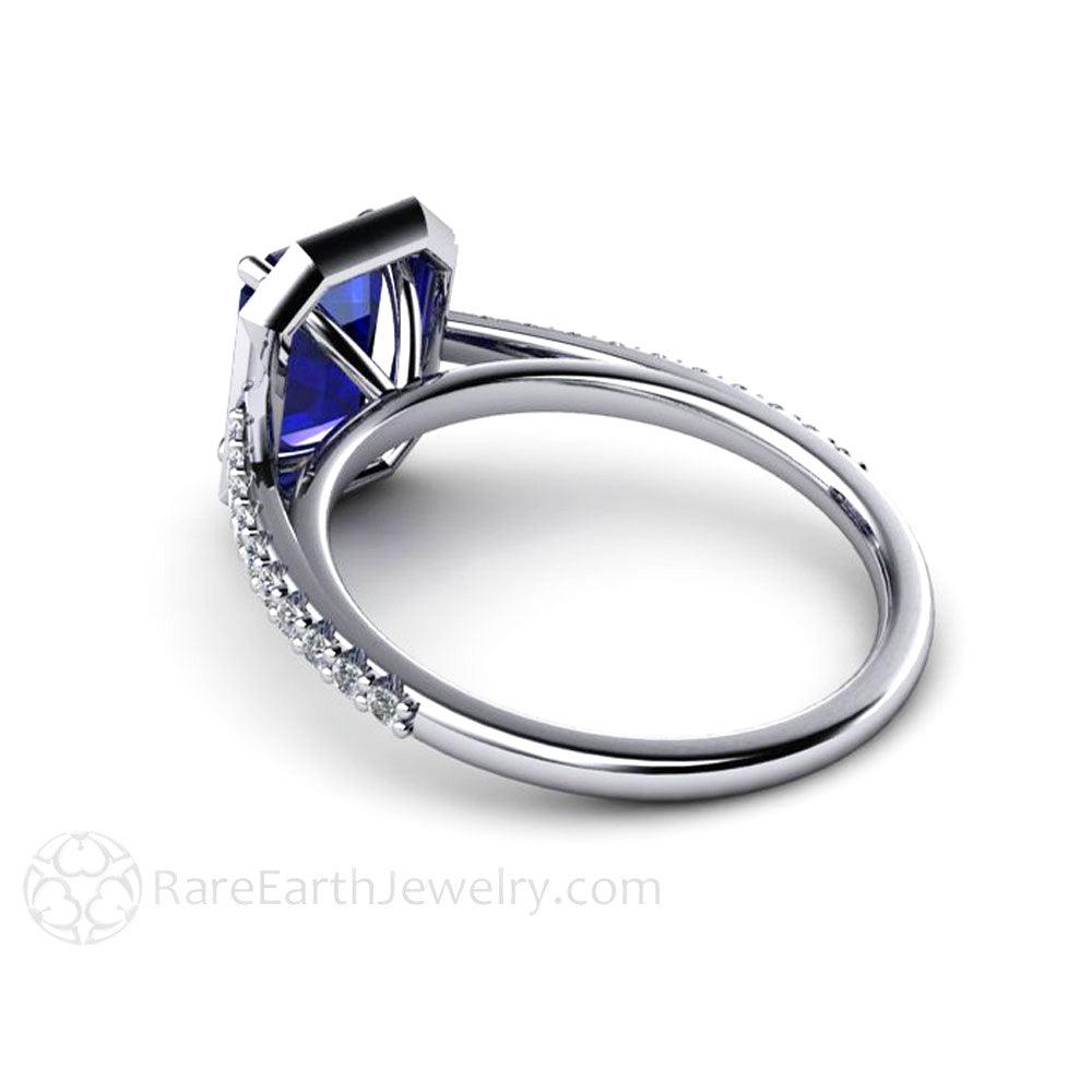 Emerald Cut Blue Sapphire Engagement Ring Diamond Halo in Gold or Pl