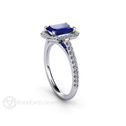 Emerald Cut Blue Sapphire Engagement Ring with Diamond Halo Platinum - Rare Earth Jewelry