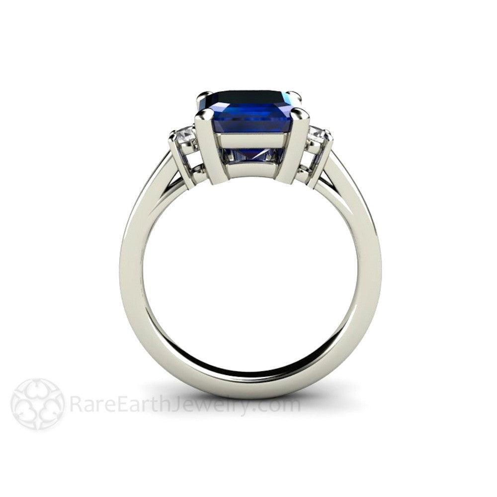 Emerald Cut Blue Sapphire Ring 3 Stone Engagement with Diamonds - Rare Earth Jewelry