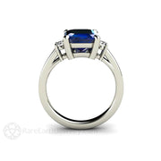 Emerald Cut Blue Sapphire Ring 3 Stone Engagement with Diamonds 18K White Gold - Rare Earth Jewelry