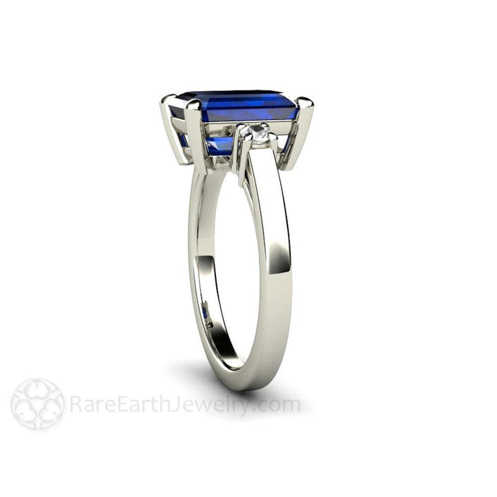 Emerald Cut Blue Sapphire Ring 3 Stone Engagement with Diamonds - Rare Earth Jewelry