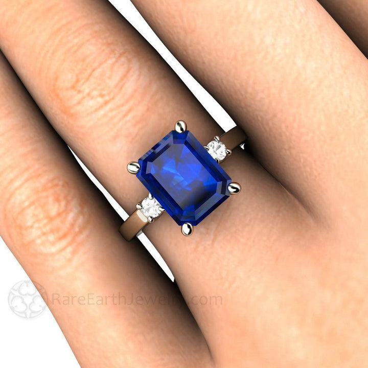 Emerald Cut Blue Sapphire Ring 3 Stone Engagement with Diamonds - Rare Earth Jewelry