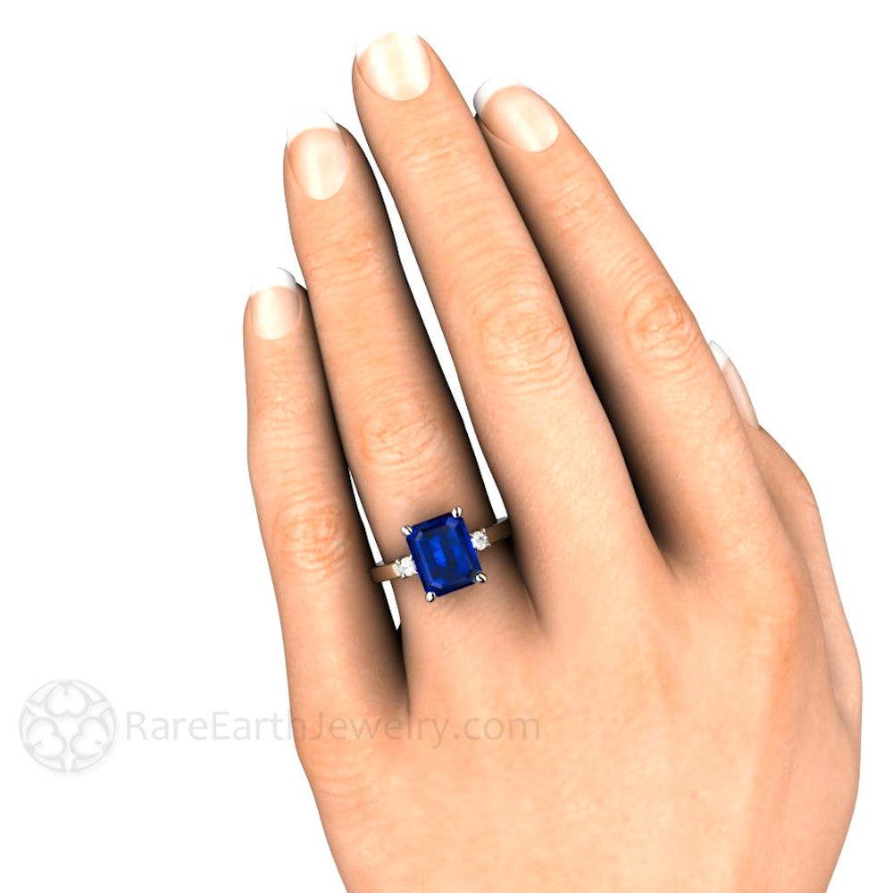 Emerald Cut Blue Sapphire Ring 3 Stone Engagement with Diamonds - Rare Earth Jewelry