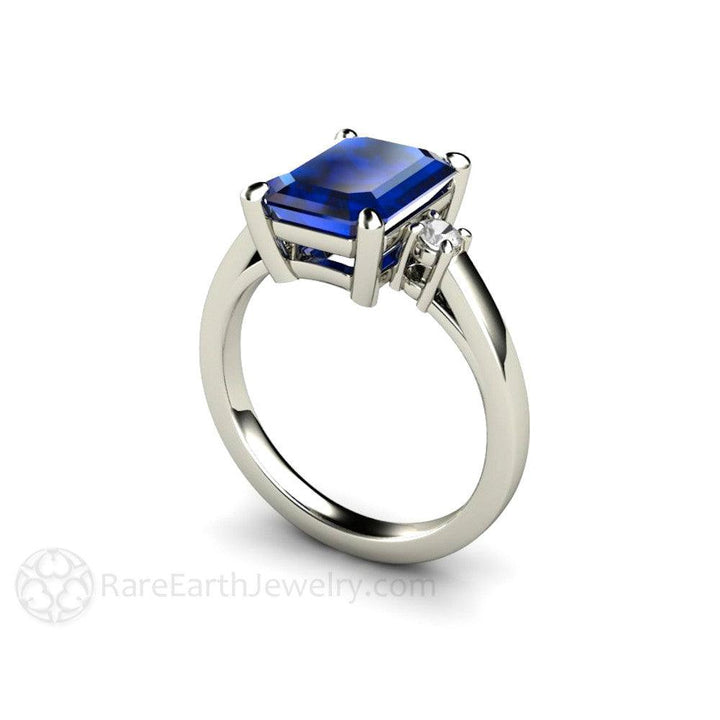 Emerald Cut Blue Sapphire Ring 3 Stone Engagement with Diamonds - Rare Earth Jewelry