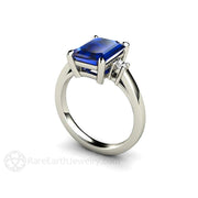 Emerald Cut Blue Sapphire Ring 3 Stone Engagement with Diamonds 18K White Gold - Rare Earth Jewelry